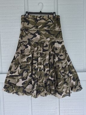 Vtg Boston Proper Olive & Tan Camo Print Tiered Skirt M/L Lagonlook Grunge Y2K